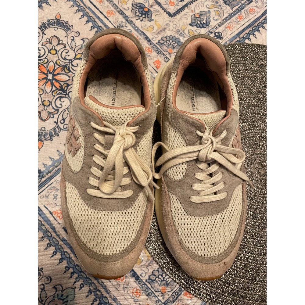 Tory Burch Good Luck Trainer Sneakers Cream Tan Suede Mesh Womens 8M - Picture 2 of 7